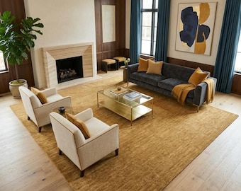 Hand Knotted Wool Rug, Handmade Brown Area Rug, Minimalist Carpet, Custom Size Home Decor