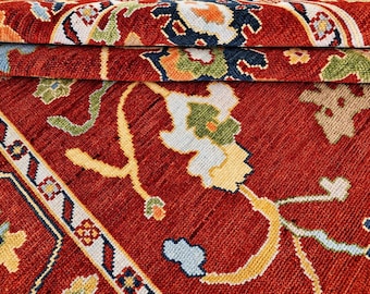 Red Floral Wool Hand Knotted Rug, Traditional Botanical Area Rug, Colorful Living Room Decor