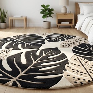 Hand Tufted Round Rug, Black Tropical Monstera Leaf Wool 7x7 Rug for Living Room Decor
