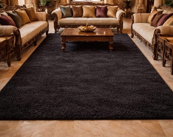 Handtuftad svart matta | Plyschig shagmatta | Modern minimalistisk matta | Mjuk lyxig matta | Vardagsrums- och sovrumsinredning | Matta i anpassningsbar storlek