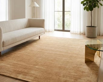 Golden Tan Wool Hand Knotted Rug, Warm Caramel Neutral Area Rug, Custom Size