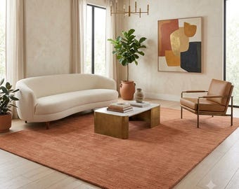 Solid Terracotta Area Rug Wool And Silk Luxury Hand Knotted Carpet For Living Room