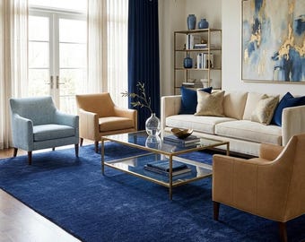 Navy Blue Wool Hand Knotted Rug, Solid Minimalist Area Rug, Custom Size Handmade Carpet