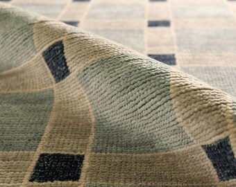 Sage Green Geometric Area Carpet, Hand Knotted Wool Rug, Handmade Neutral Modern Home Decor