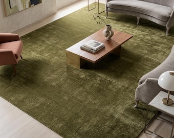 Olive Green Silk Wool Rug, Hand Knotted Rug, Modern Minimalist Loomed Carpet, Costom Rug