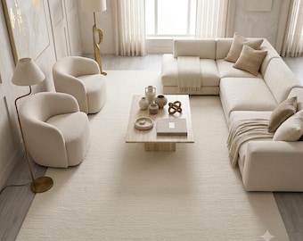 Ivory Hand Knotted Wool Silk Rug, Neutral Modern Area Rug, Minimalist Living Room Bedroom Carpet
