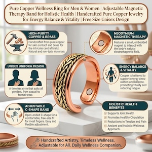 Puede incluir: Un anillo de cobre ajustable con una banda central de latón trenzado y dos imanes incrustados en la superficie interior. El anillo tiene un diseño abierto en forma de C. El texto en la imagen incluye Pure Copper Wellness Ring, Neodymium Magnetic Therapy y Energy Balance & Vitality.