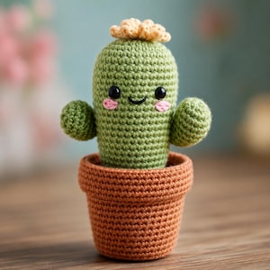 Peut inclure: Un cactus en crochet dans un pot marron. Le cactus est vert avec deux petits bras, une fleur jaune clair au sommet et un visage souriant avec des yeux noirs et des joues roses. L'ensemble est réalisé en laine avec un point texturé visible.