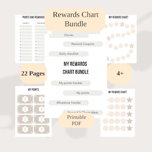 May include: A beige and white printable rewards chart bundle. The bundle includes charts for chores, reward coupons, and daily checklists. The text on the image says "My Rewards Chart Bundle" and "Printable PDF". The bundle has 22 pages and is for ages 4+.