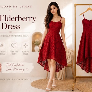 May include: A woman models a red lace dress with a high-low hemline. The dress is displayed on a hanger and is also worn by a model. The text reads "The Elderberry Dress" and "Effortless Style for Every Occasion."