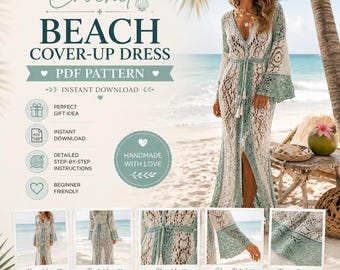 Molde para vestido de crochê para saída de praia, modelo maxi boho com renda (download em PDF).