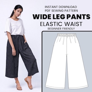 Puede incluir: Imagen de pantalones de pierna ancha con cintura elástica. Los pantalones son negros con rayas verticales y se muestran en una persona. La imagen también incluye un diagrama de patrón de costura de los pantalones. El texto en la imagen dice: "Descarga instantánea PDF Patrón de costura, Pantalones de pierna ancha, Cintura elástica, Principiante."