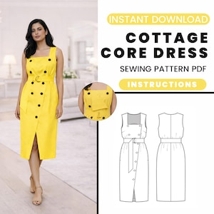 May include: A bright yellow dress with a square neckline, black buttons, and a matching belt. The dress has a front slit and is shown on a person. The image also includes the text "INSTANT DOWNLOAD COTTAGE CORE DRESS SEWING PATTERN PDF INSTRUCTIONS".