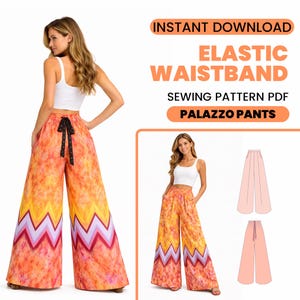 May include: Palazzo pants with a vibrant orange, yellow, and purple chevron pattern. The pants have a wide leg design and an elastic waistband. The image also includes the text "Instant Download Elastic Waistband Sewing Pattern PDF Palazzo Pants."