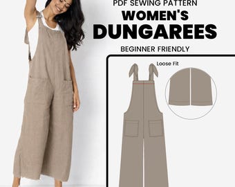 Linen Jumpsuit Sewing Pattern | Women's Wide Leg Dungaree (PDF Download)001