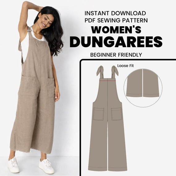 Linen Jumpsuit Sewing Pattern | Women's Wide Leg Dungaree (PDF Download)001