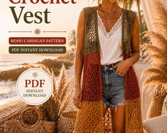 Patrón de chaleco de ganchillo para festivales, cárdigan bohemio con flecos, gabardina sin mangas (descarga en PDF).