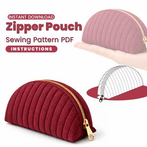 May include: A burgundy, half-moon shaped zipper pouch with a gold zipper and pull. The pouch has vertical quilted lines. The image also includes a line drawing of the pouch and the text "Instant Download Zipper Pouch Sewing Pattern PDF Instructions."
