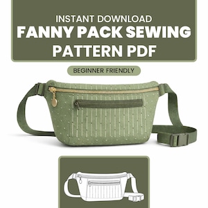 Puede incluir: Una riñonera verde con cremallera dorada y un pequeño dije. El texto "FANNY PACK SEWING PATTERN PDF" se muestra encima de la bolsa, con "BEGINNER FRIENDLY" debajo. Un dibujo lineal de la riñonera se muestra en la parte inferior.