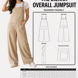 以下が含まれることがあります： 女性向けのSienna Overall Jumpsuit PDF縫製パターン。画像は、ベージュのオーバーオールを着た女性を示しています。パターンには、フロント、バック、サイド、ポケットのビューが含まれており、サイズチャートがあります。