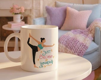 Motivational mindful positive quote yoga ceramic mug, durable inspiring daily use mental tea cup