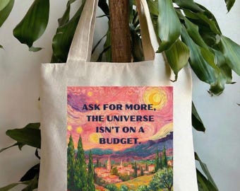Borsa tote in tela pesante nera riutilizzabile con paesaggio dipinto di rosa positivo spirituale