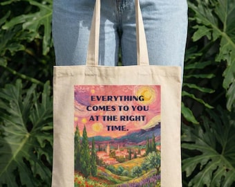 Borsa tote motivazionale con paesaggio dipinto positivo, borsa per la spesa in tela pesante e riutilizzabile