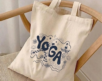 Borsa tote in tela stile retrò da club di yoga, borsa a tracolla minimalista, borsa shopper in cotone per il benessere consapevole