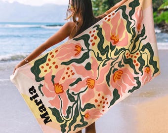 Personalized Floral Beach Towel | Custom Name Towel | Flower Gift for Her Summer Pool