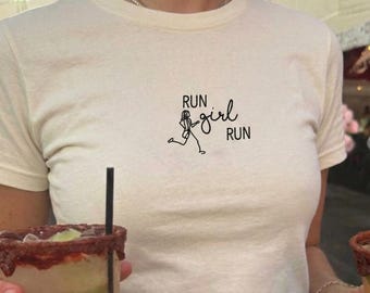 Sporty minimalist embroidered motivational runner gym shirt for her, comfortable cotton workout tee girl