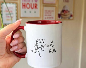 Minimalist sporty girl motivational coffee mug, durable vibrant runner woman ceramic tea cup gift