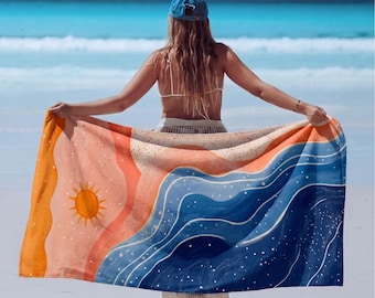 Abstract ocean wave beach towel, sun landscape print, summer vacation pool accessory lover gift