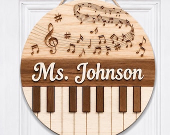 Personalized Music Teacher Sign, Piano Keys Door Hanger, Custom Treble Clef Classroom Decor, Wood Musical Notes Name Sign, Piano Teacher