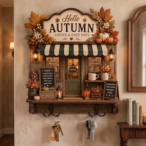 May include: A wooden wall-mounted key holder designed like a miniature coffee shop storefront. It features a sign reading Hello AUTUMN COFFEE & COZY DAYS, a green door, a striped awning, two metal hooks for keys, and autumn-themed decor like pumpkins.