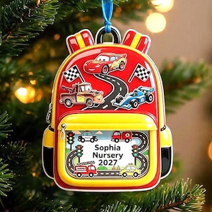 Personalized Disney Cars Backpack Ornament, Custom Lightning McQueen Mater Classroom Decor, Nursery School 2027 Keepsake, Kids Tree Ornament image 1