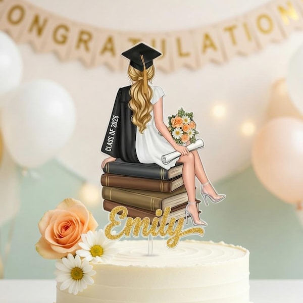Décoration de gâteau de remise des diplômes senior femme, fille assise personnalisée sur des livres, cadeau de fin d'études 2026, nom personnalisé décor paillettes d'or