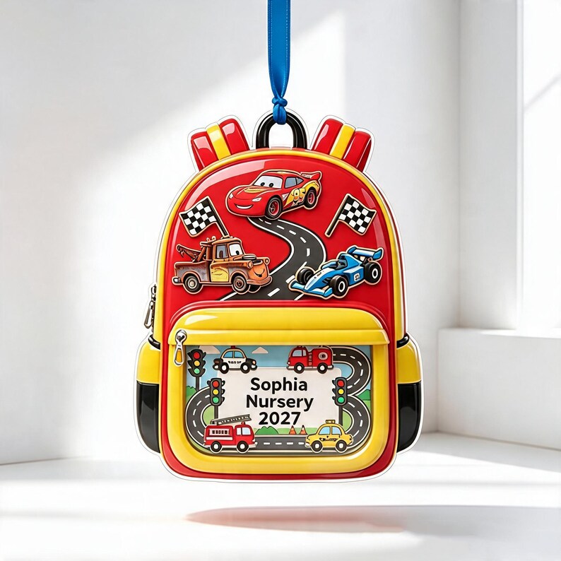 Personalized Disney Cars Backpack Ornament, Custom Lightning McQueen Mater Classroom Decor, Nursery School 2027 Keepsake, Kids Tree Ornament image 6