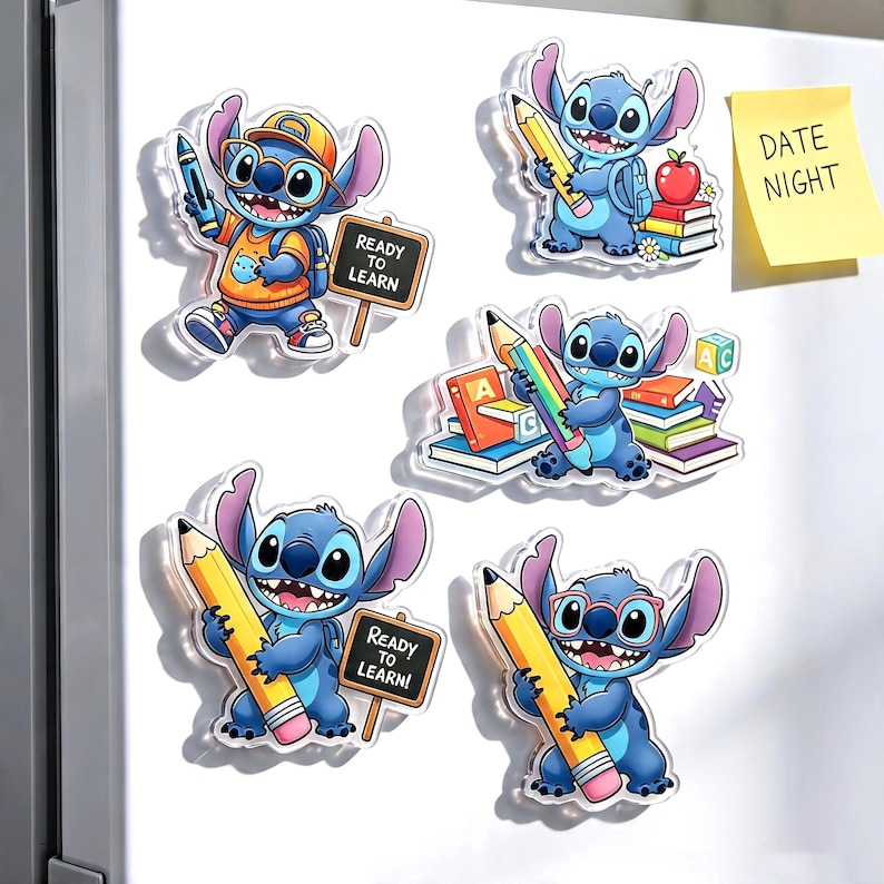 May include: Five acrylic magnets featuring the blue alien character Stitch in various school-themed poses with pencils, books, and signs that read READY TO LEARN. A yellow sticky note with the text DATE NIGHT is also attached to the white surface.