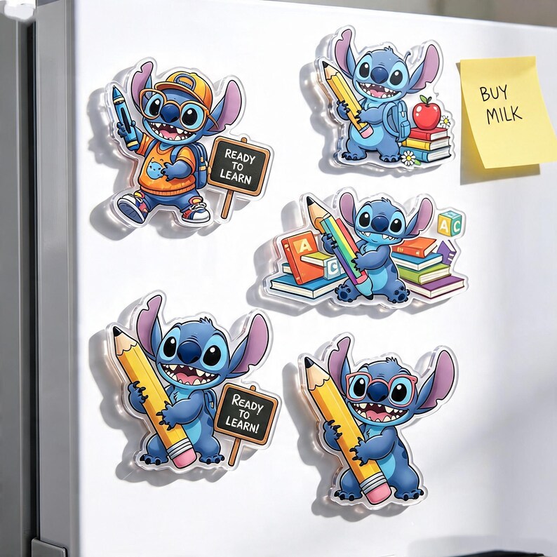 May include: Five acrylic magnets featuring the blue character Stitch in various school-themed poses with pencils, books, and signs that read READY TO LEARN. A yellow sticky note with the handwritten text BUY MILK is also attached to the surface.