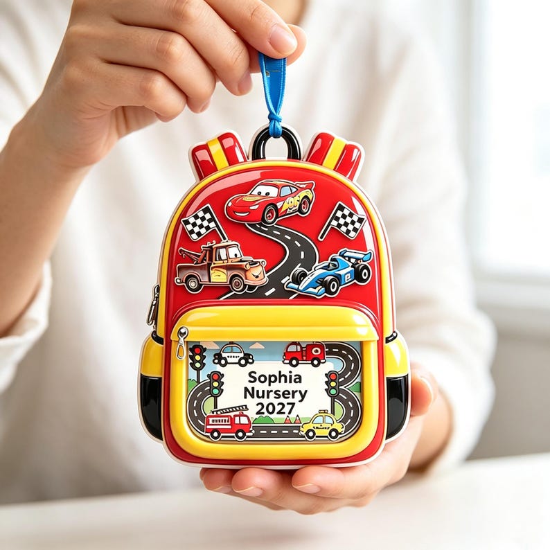 Personalized Disney Cars Backpack Ornament, Custom Lightning McQueen Mater Classroom Decor, Nursery School 2027 Keepsake, Kids Tree Ornament image 3
