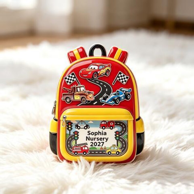 Personalized Disney Cars Backpack Ornament, Custom Lightning McQueen Mater Classroom Decor, Nursery School 2027 Keepsake, Kids Tree Ornament image 2