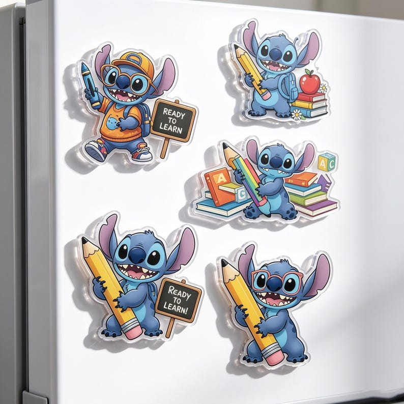 May include: Five acrylic magnets featuring the blue alien character Stitch in various school-themed poses. The designs include Stitch with pencils, books, an apple, and signs that read READY TO LEARN. Each magnet has a clear border and colorful details.