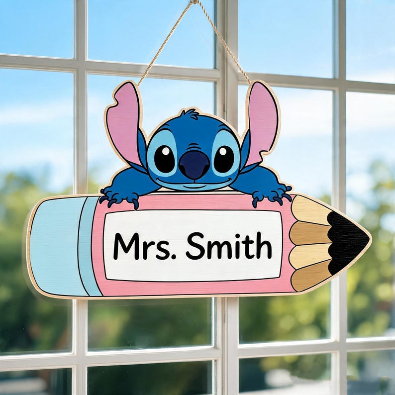 Csustom Disney Rope Personalized Stitch Teacher Name Sign, Custom Disney Pencil Name Sign ...