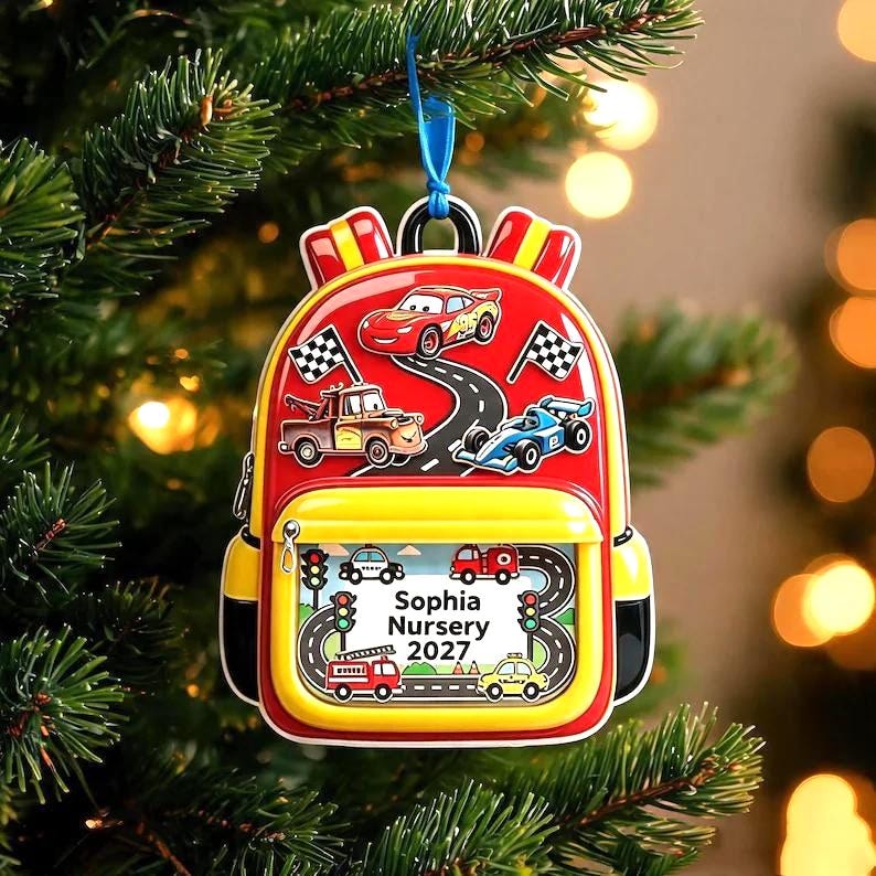 Personalized Disney Cars Backpack Ornament, Custom Lightning McQueen Mater Classroom Decor, Nursery School 2027 Keepsake, Kids Tree Ornament image 1