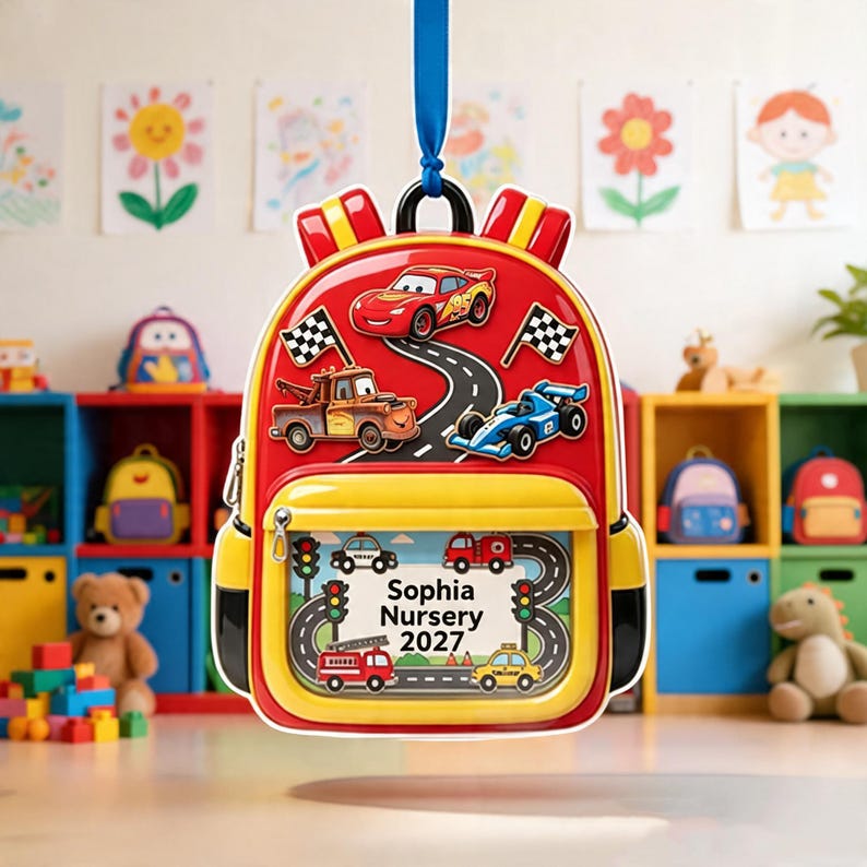 May include: A red and yellow backpack ornament featuring Lightning McQueen, a tow truck, and a race car on a track. The front pocket has a clear window displaying a road scene with traffic lights, vehicles, and the text Sophia Nursery 2027.