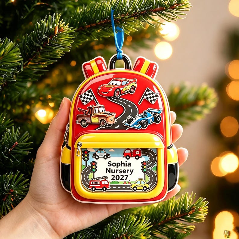 Personalized Disney Cars Backpack Ornament, Custom Lightning McQueen Mater Classroom Decor, Nursery School 2027 Keepsake, Kids Tree Ornament image 4