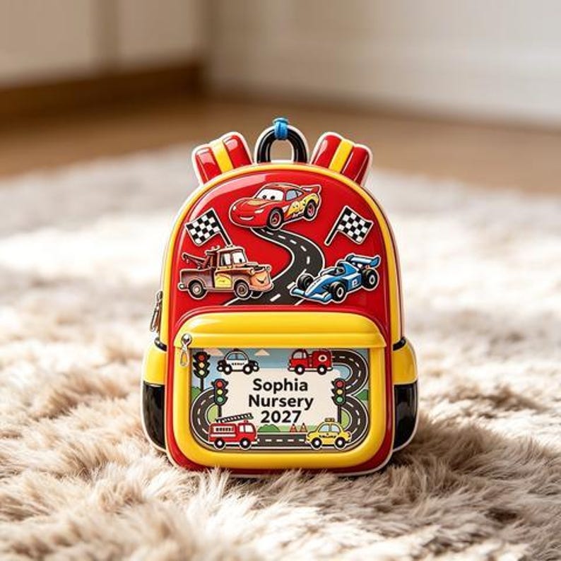 Personalized Disney Cars Backpack Ornament, Custom Lightning McQueen Mater Classroom Decor, Nursery School 2027 Keepsake, Kids Tree Ornament image 7