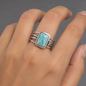 Handmade Larimar Ring, 925 Sterling Silver Ring, Artisan Wide Band Ring, Rectangular Larimar Statement Ring, Boho Gemstone Jewelry