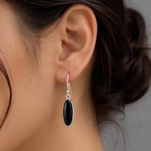 Black Onyx Dangle Earrings, 925 Sterling Silver Earrings, Handmade Long Oval Gemstone Earrings, Minimalist Drop Earrings, Gift for Her