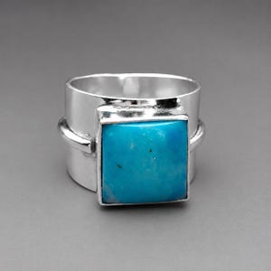 Larimar Ring: 925Sterling Silver Wide Band, Square Blue Larimar Gemstone Ring, Handmade Boho Jewellery, Adjustable Ring Gift for Her